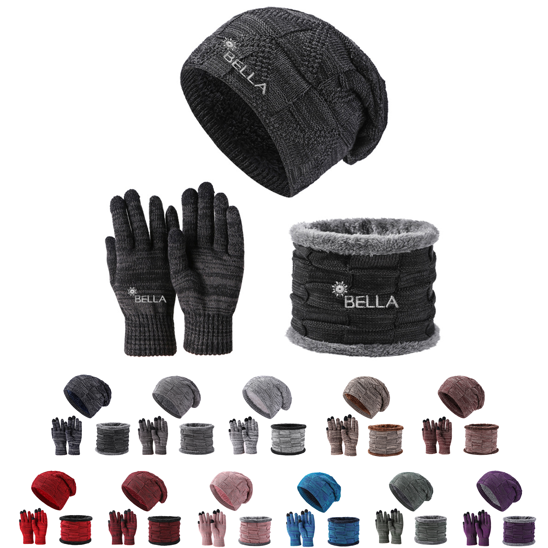 Winter Beanie Hat Scarf and Touch Screen Gloves Set 1