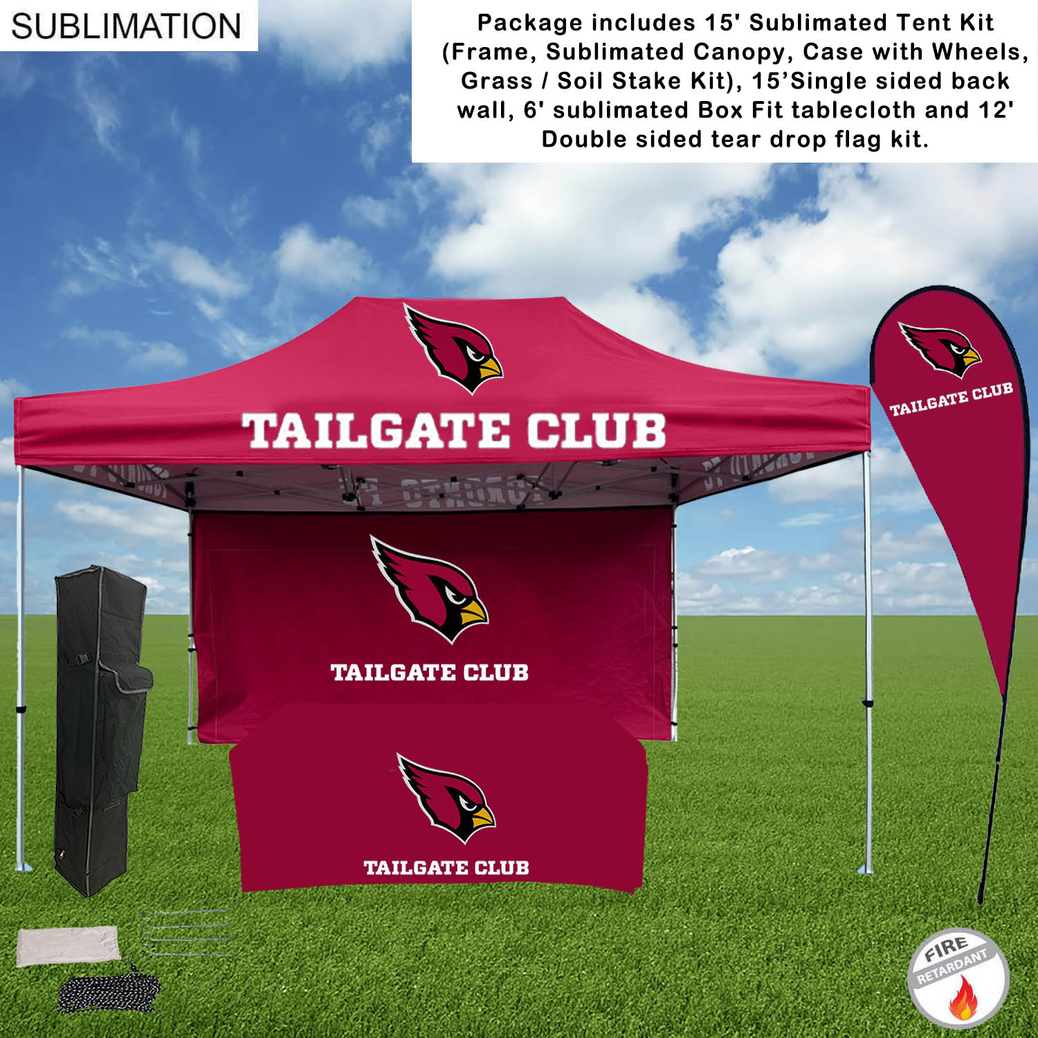 Game Day Tailgate Package, 15' Tent kit, 15' Backwall, Box Fit Tablecloth, and Double sided Flag Kit 7