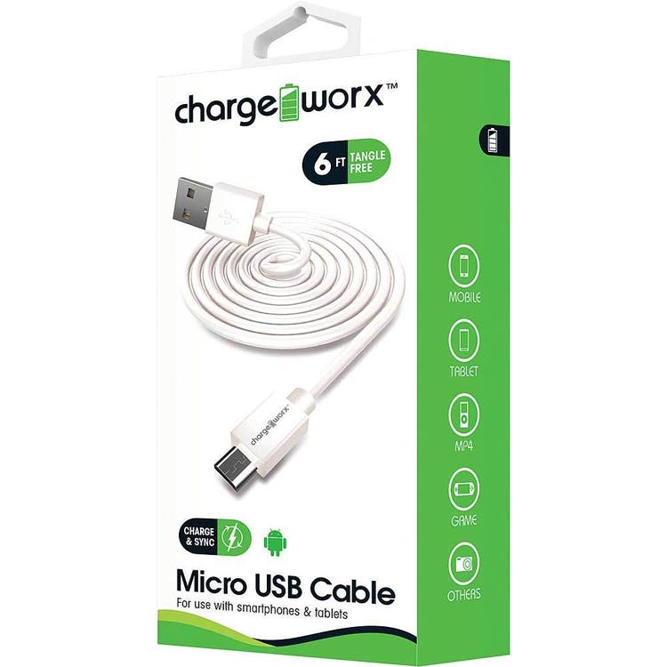 Tangle-Free Micro USB Cables - White 6' 3