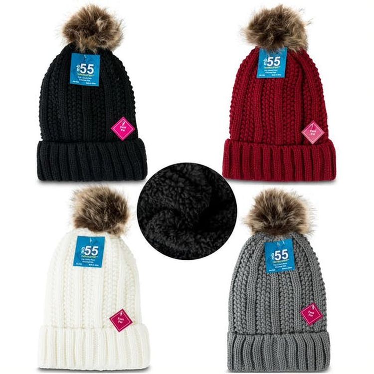 Women's Pom Crochet Hats - Faux Fur Lined Assorted Color 2