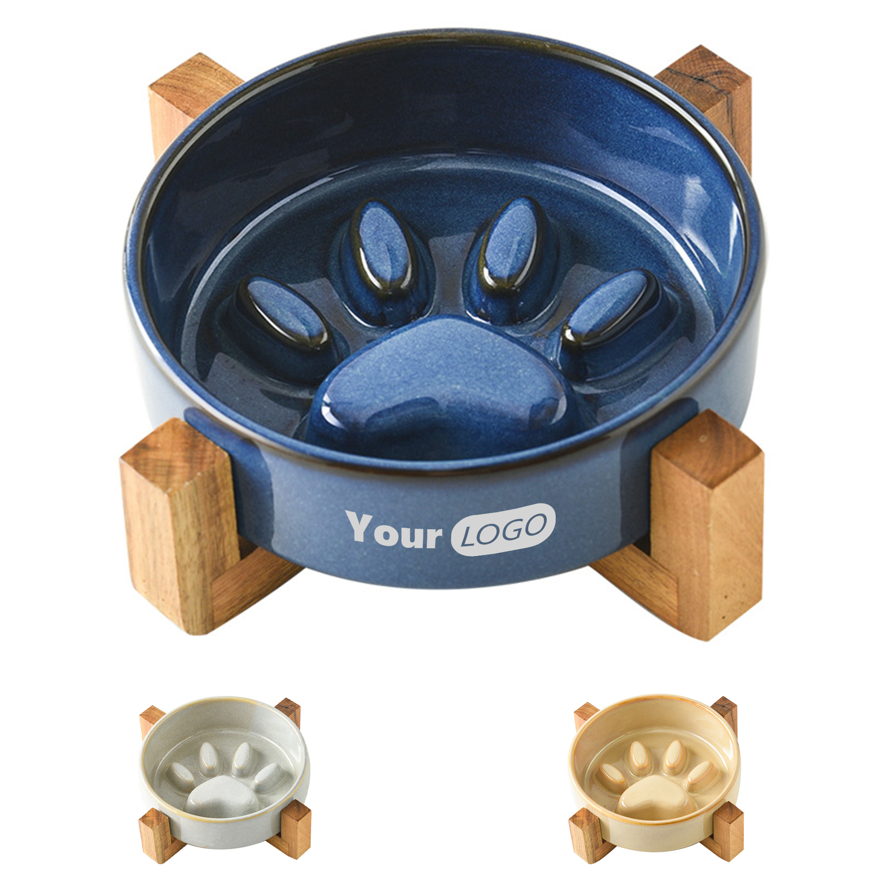 Ceramic Pet Slow Food Anti Choking Bowl With Wooden Frame 2
