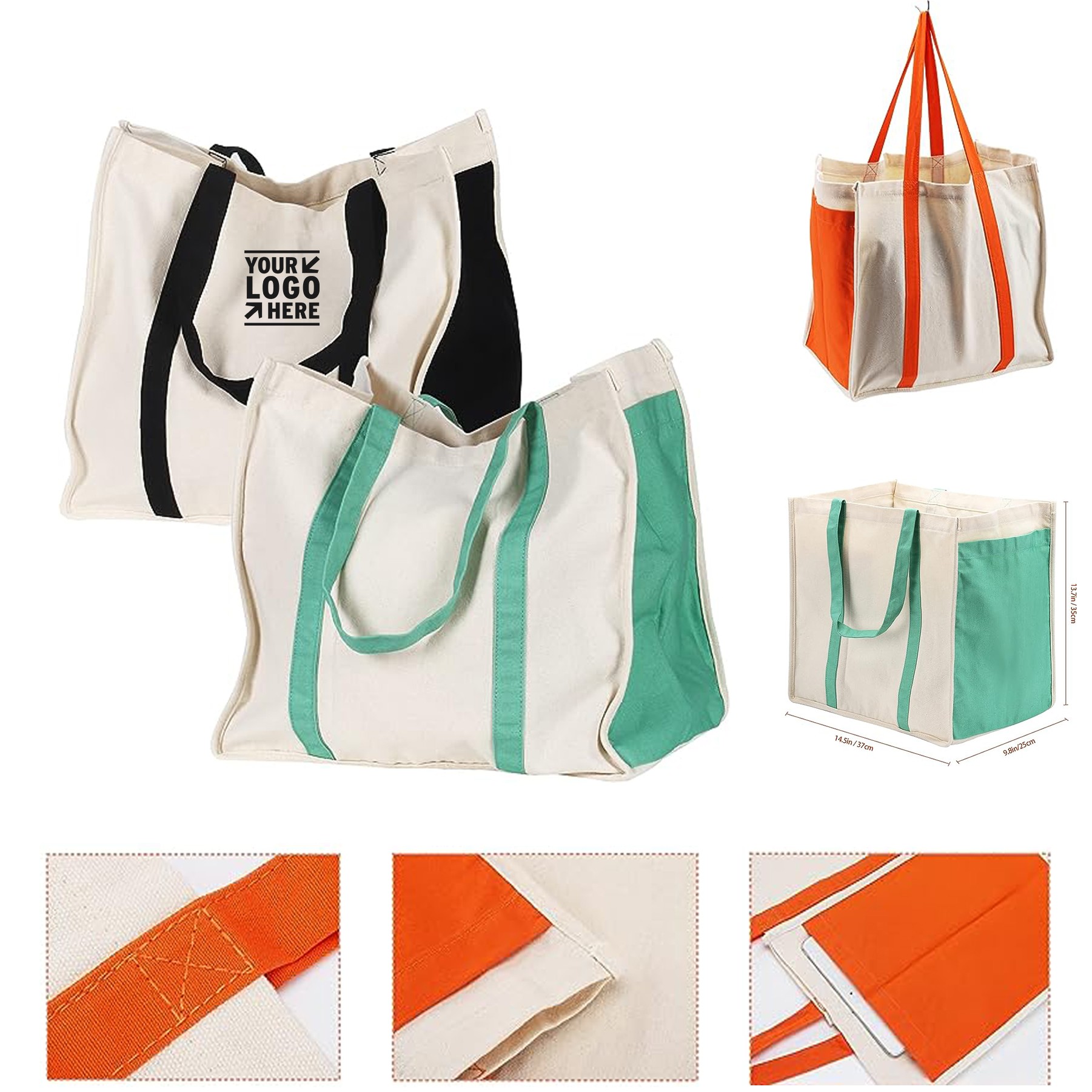 Large Utility Side Pocket Heavy Duty Reusable Cotton Canvas Grocery Tote Bag, custom tote bag with logo imprint 2