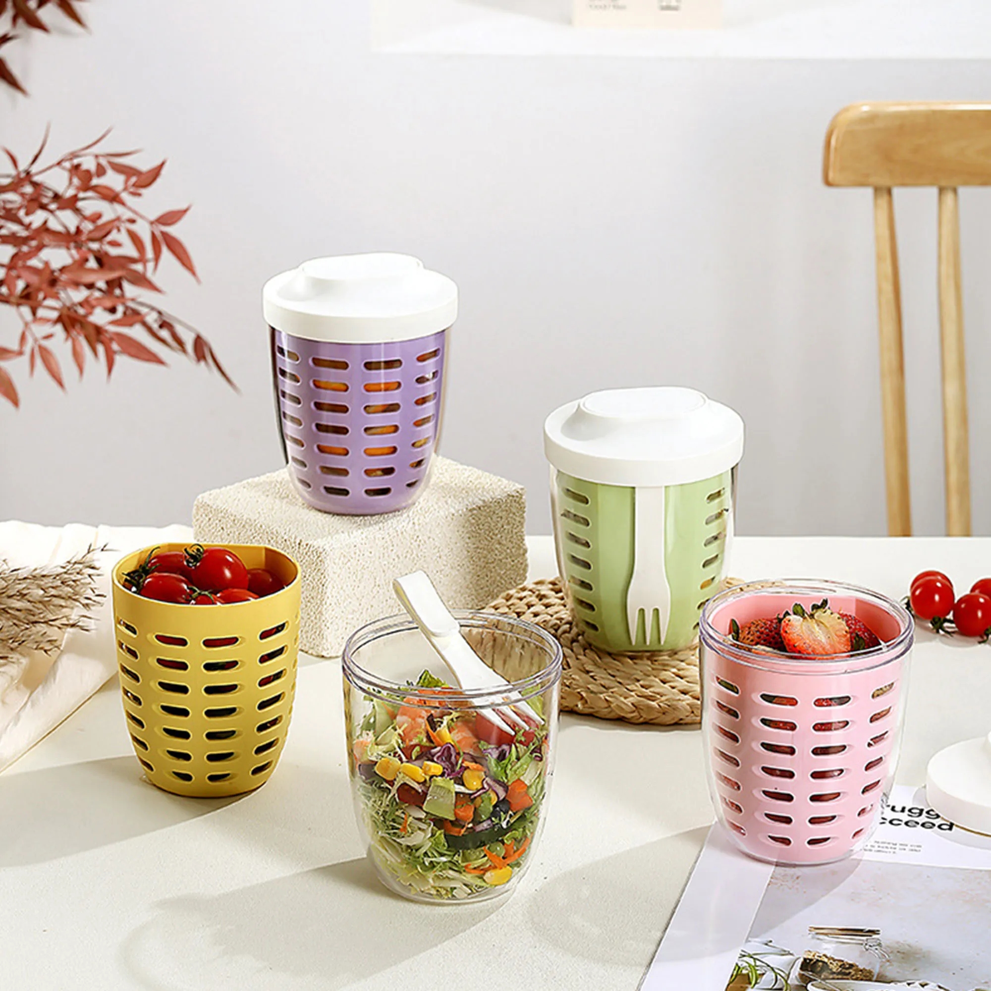 Elegant Double Layer Fruit Salad Cup With Fork Spoon 3