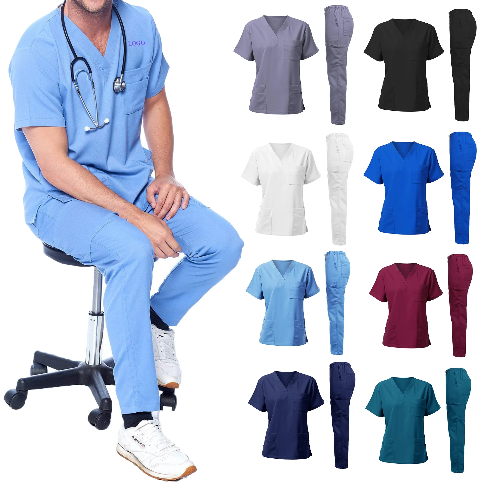 MOQ 10 Medical Scrub Set Nurse Doctor Workwear Top and Pants 2
