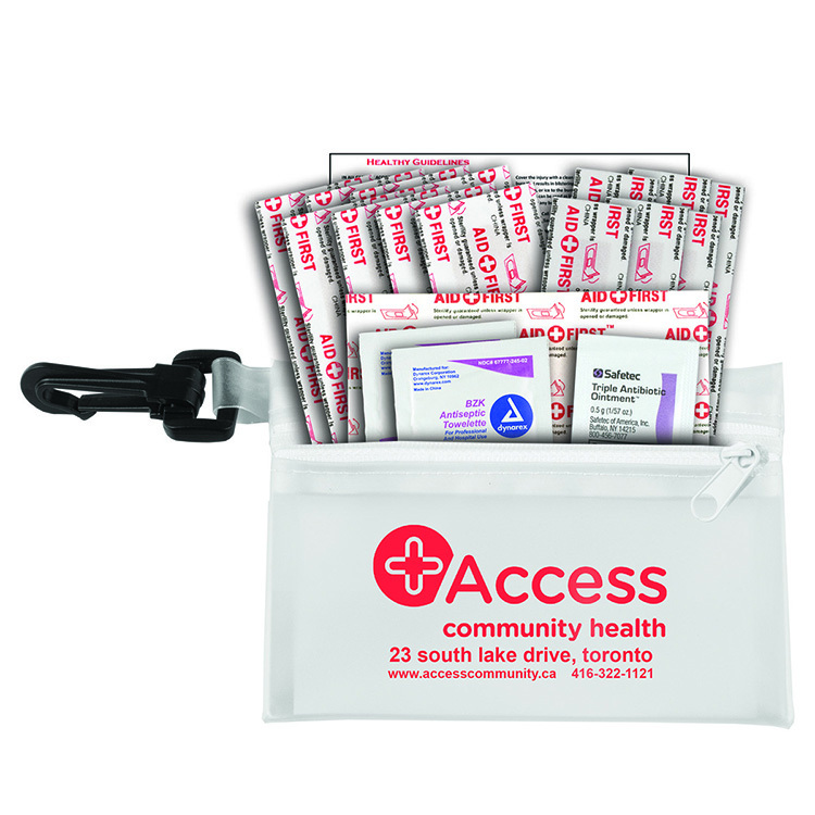 "MEDI" 19 Piece First Aid Kit in Translucent Zipper Kit with Plastic Carabiner Attachment 1