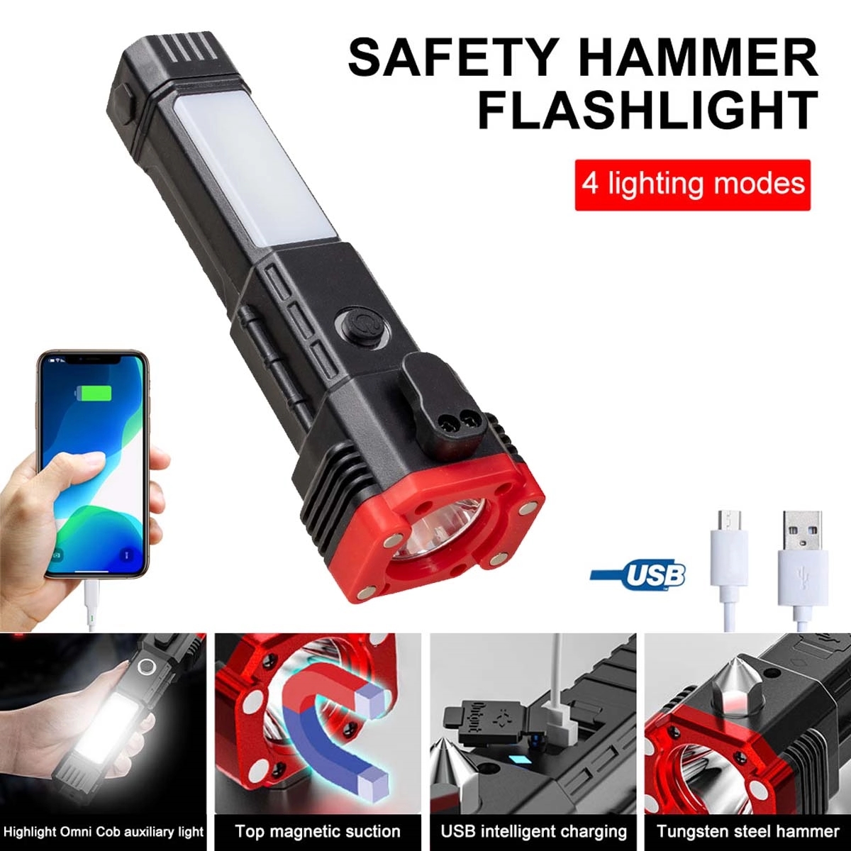 Usb Rechargeable Safety Hammer Flashlight 5