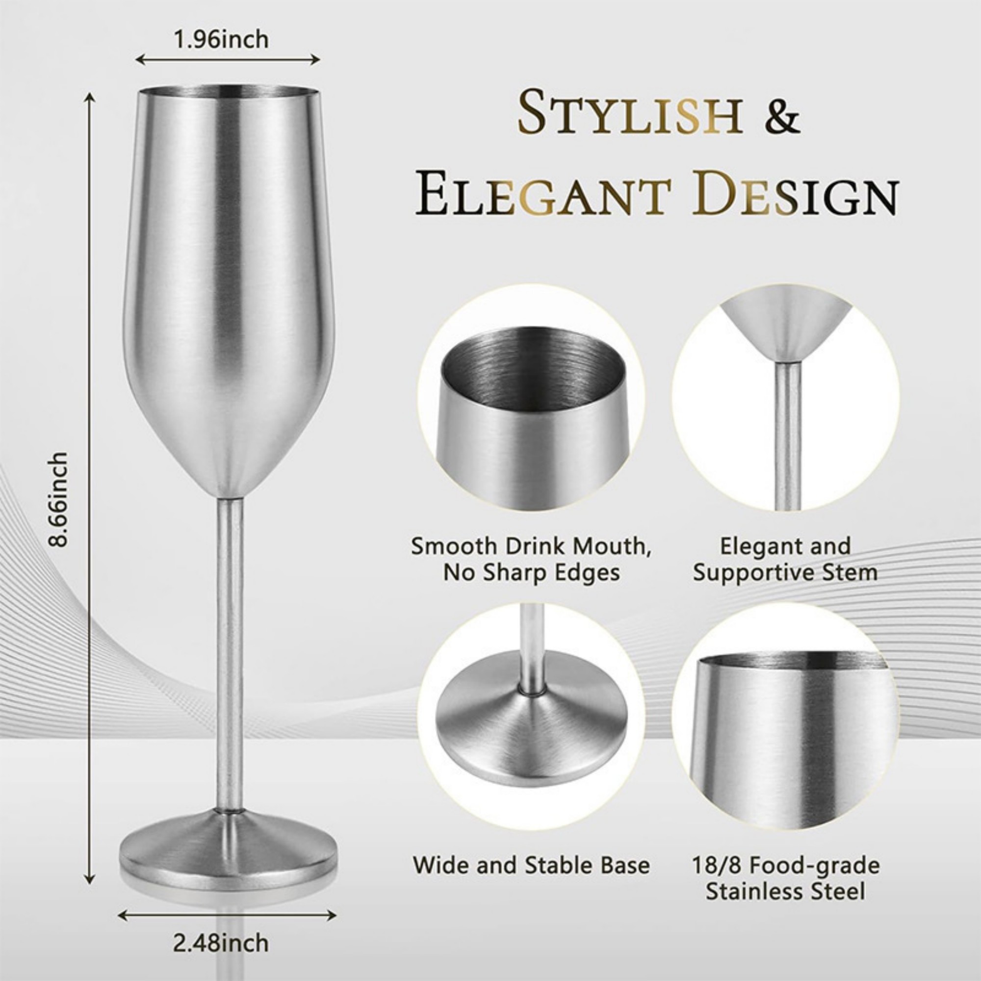 2 Pack 6oz Stainless Steel Champagne Flutes Glass 4