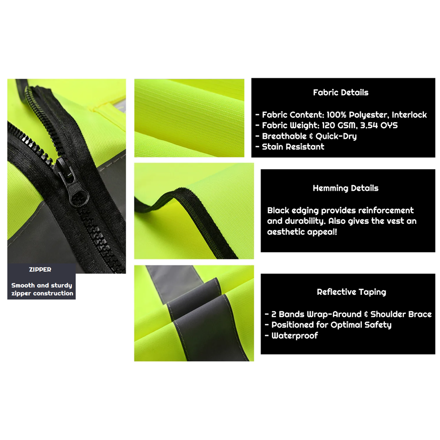 VISIPRO Unisex Front Zip Safety Vest w/ Reflective Bands & Brace - Interlock - ANSI Class 2