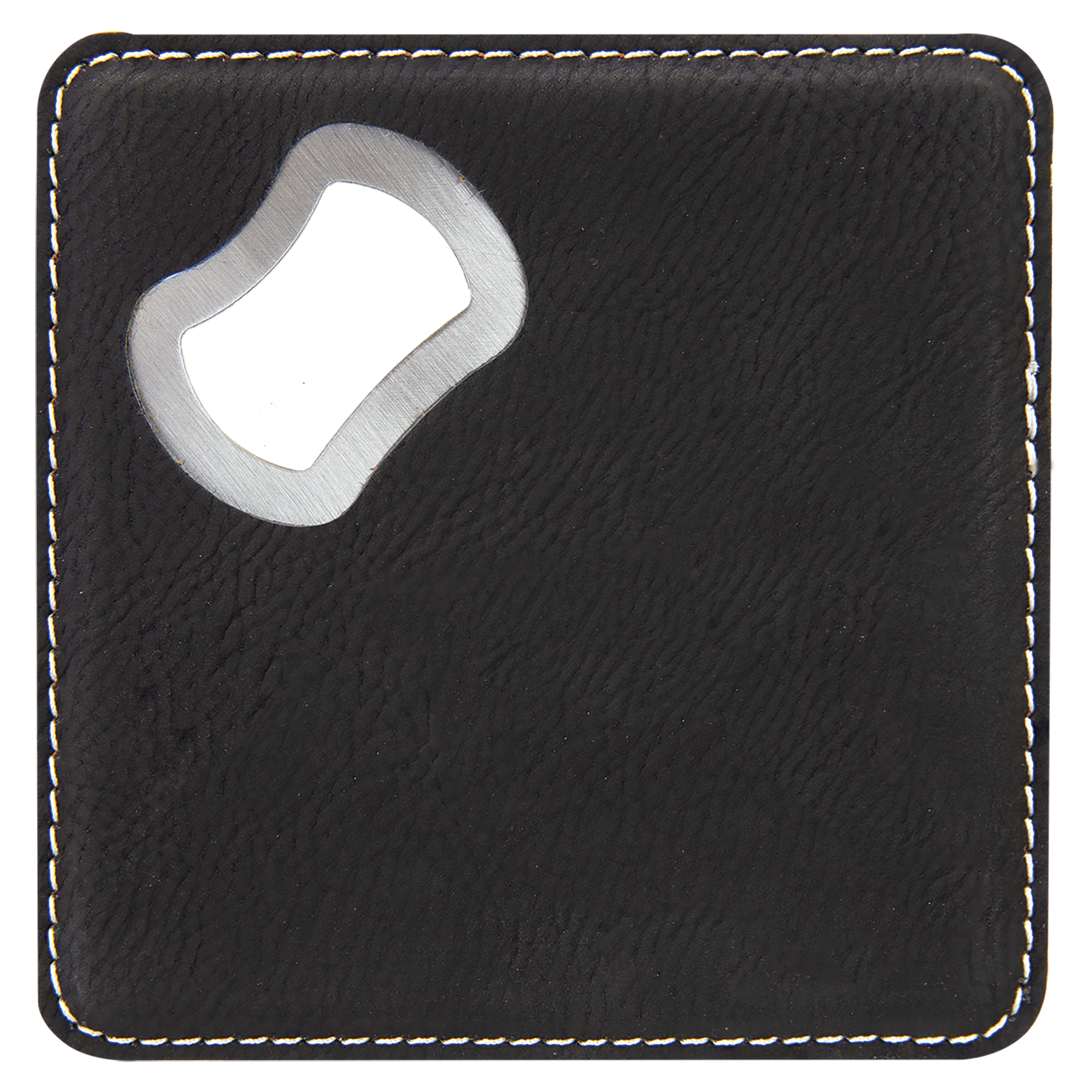 4" x 4" Square Black/Silver Leatherette Coaster w/ Bottle Opener 2