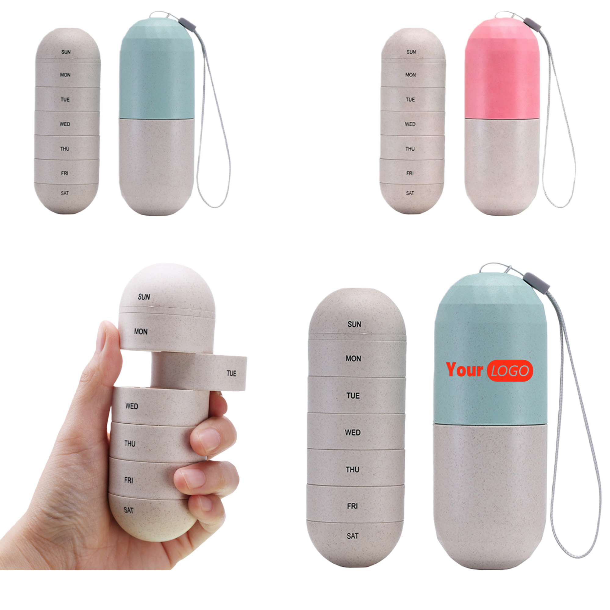 Rotating 7 Grid Capsule Pill Box Wheat Straw PP 2