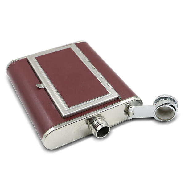 Leather Cover SS with Cigarette Case Hip Flask 5oz 5