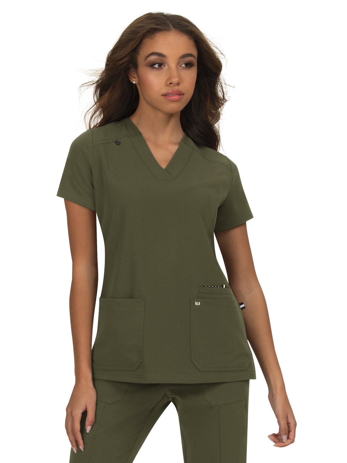 koi - Next Gen - Women's Three-Pocket Wide V-Neck Stretch Hustle and Heart Top 17