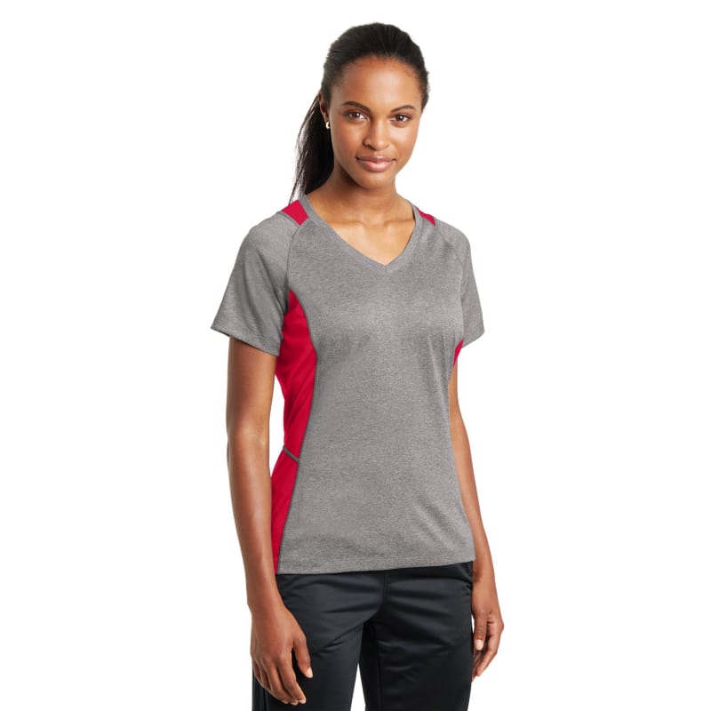 Sport-Tek Women's Heather Colorblock Contender V-Neck Tee. 24