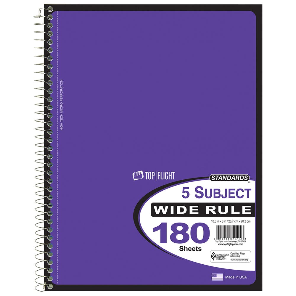 5 Subject Spiral Notebooks - Wide Ruled 180 Sheets 5 Colors 2