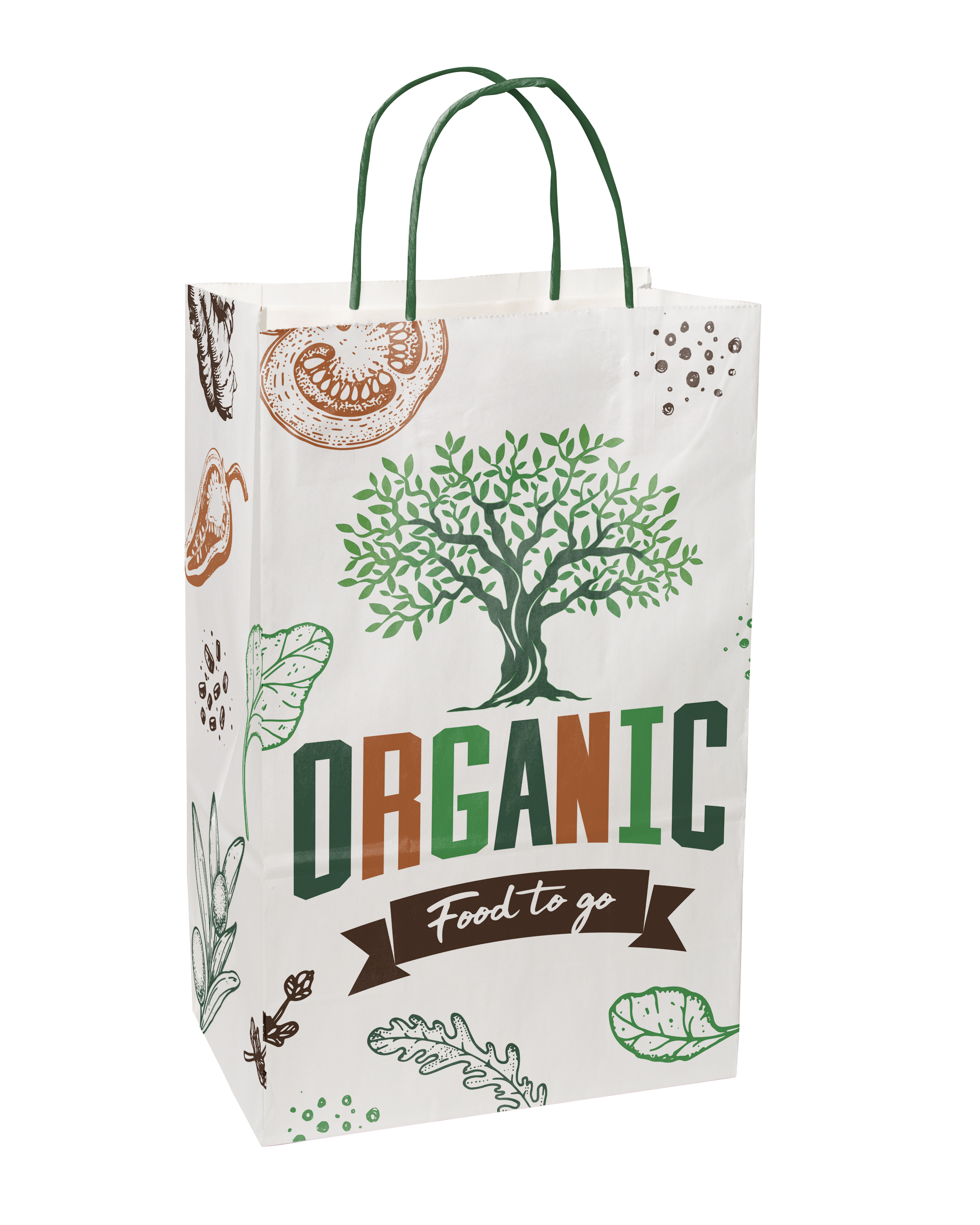 Multi-sided Full Color White Shopper Paper Bag - Green Handle (8.5" x 13.375" x 5")