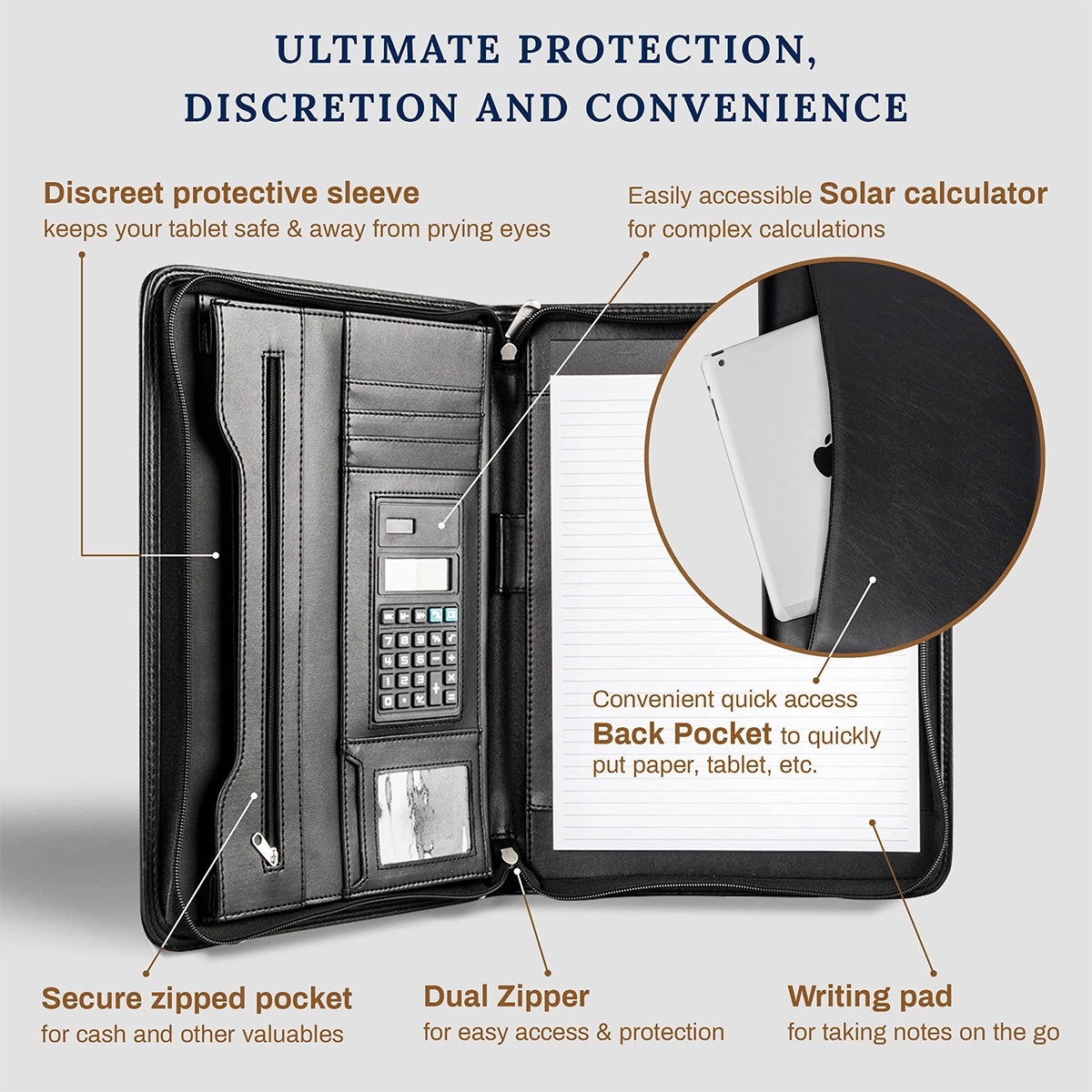 Custom All-in-One Luxury Business Leather Zippered Padfolios 8