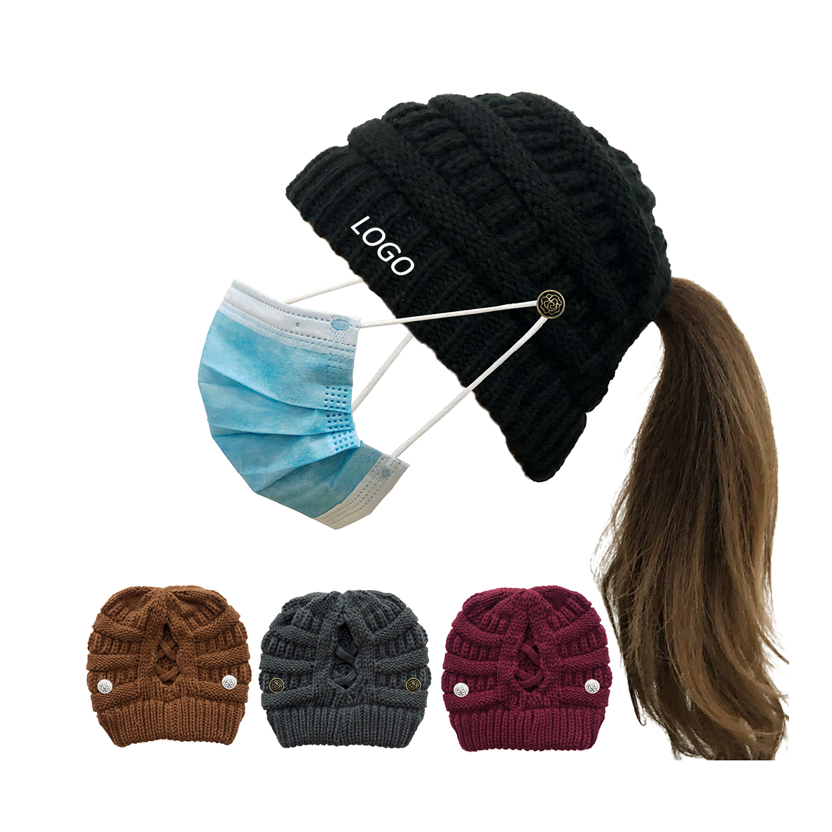 Ponytail Knitted Beanie Hat With Buttons for Masks 2