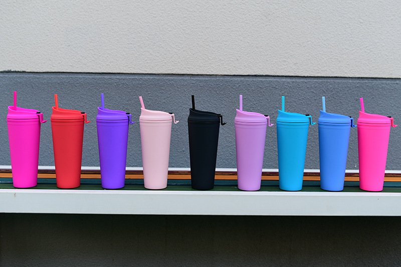 24 OZ ABS Frosted Flip Cover Tumblers / Lids Straw 7