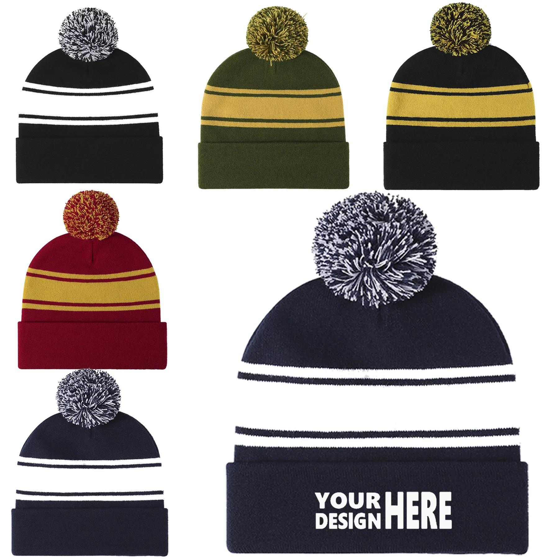 Jacquard Pom Striped Knitted Cuffed Beanie 6