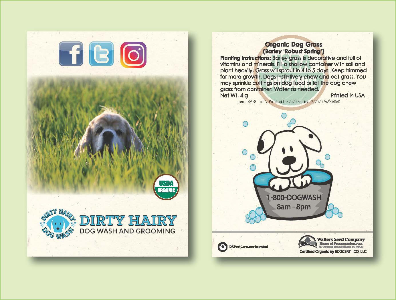 Organic Dog Grass Seed Packet - Barley Grass -Standard Size 3.25" x 4.5" 1