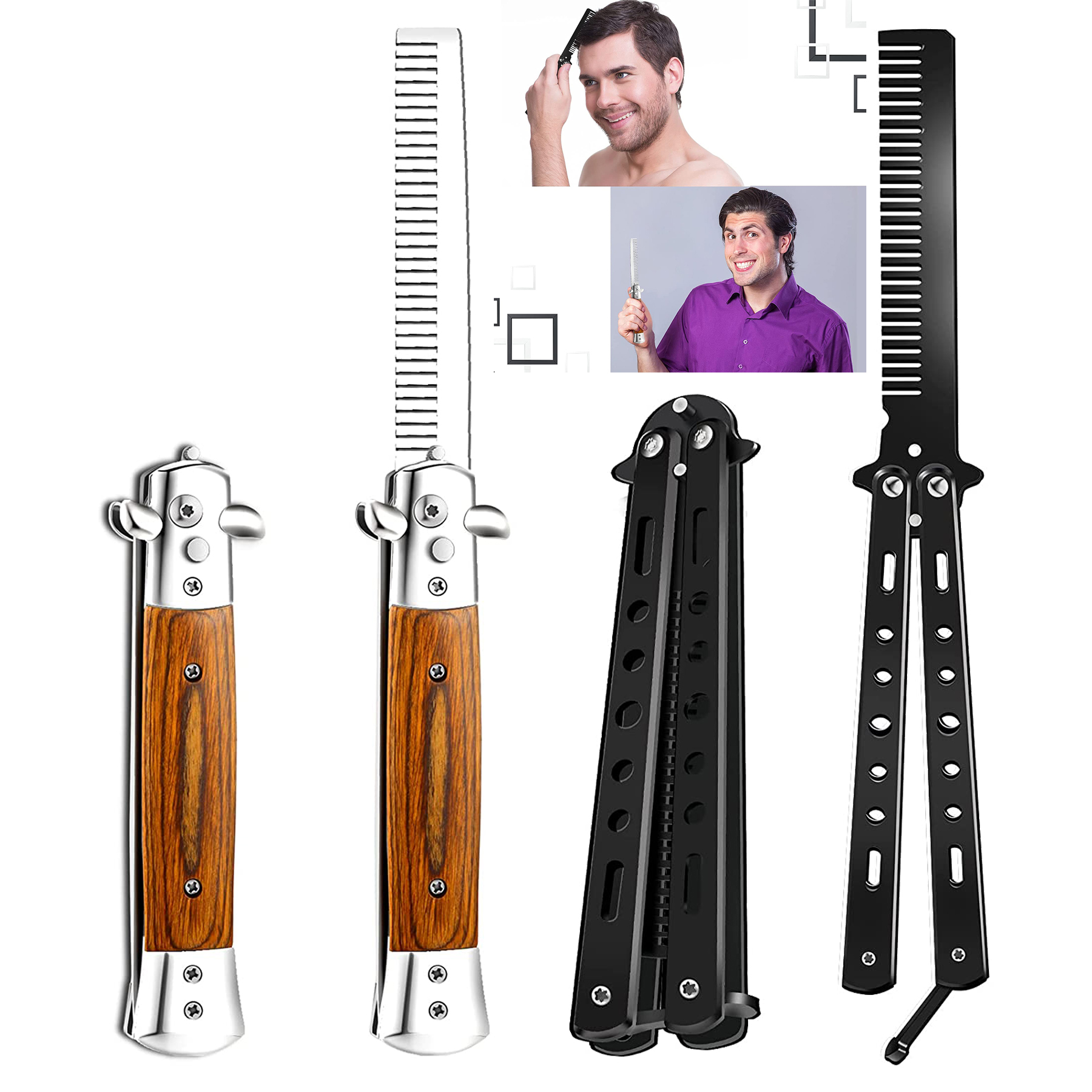 2 Pieces Wood Grain Switchblade Blade Comb Pocket Hair Brush