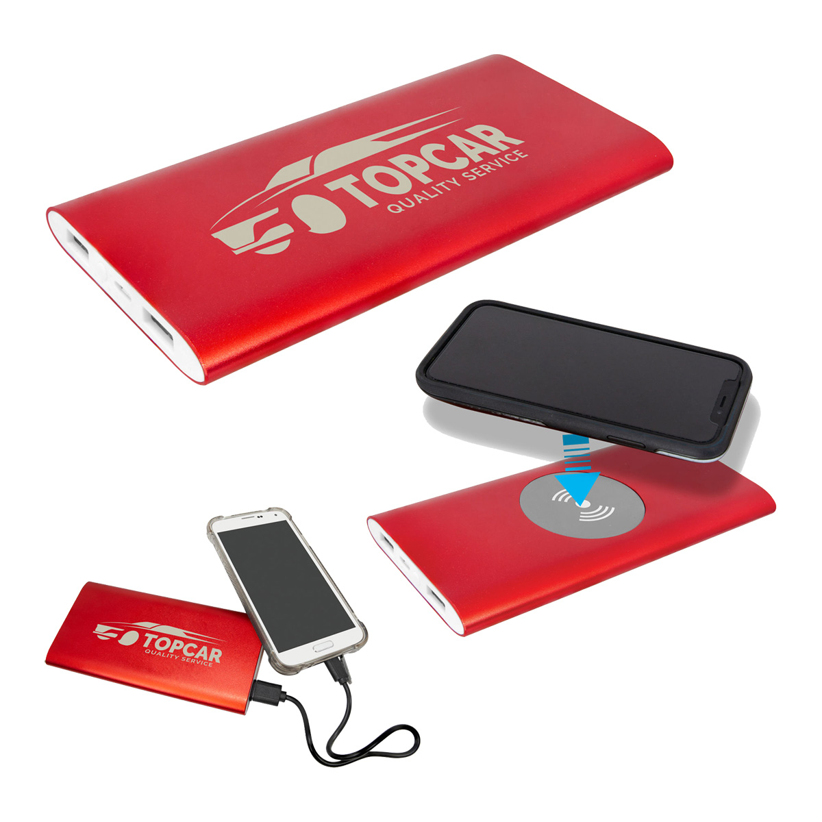 Red 8000mAh Power Bank & Wireless Anodized Aluminum Charger w/USB Cord 2