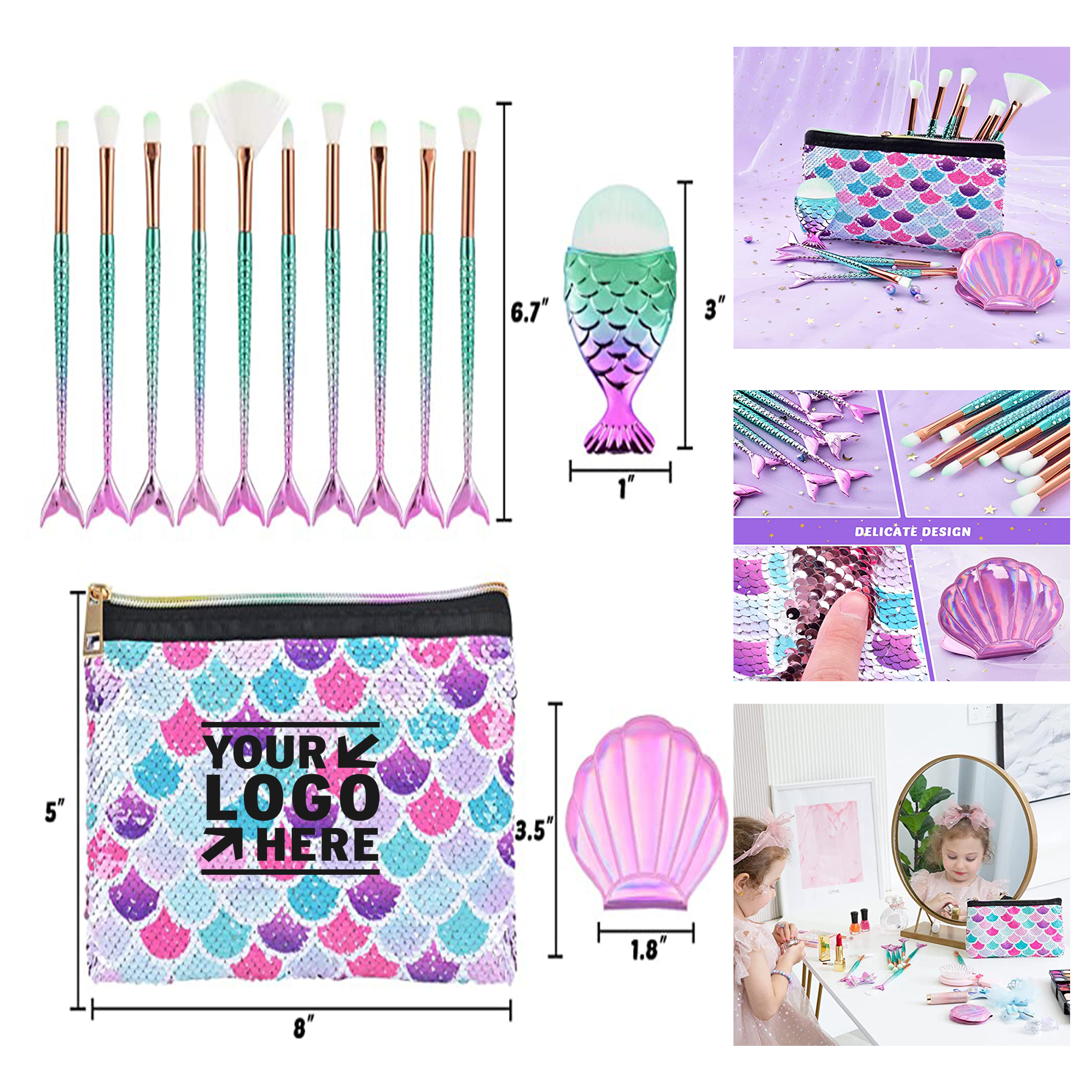 Mermaid Makeup Brush Set with Cosmtic Bag 2