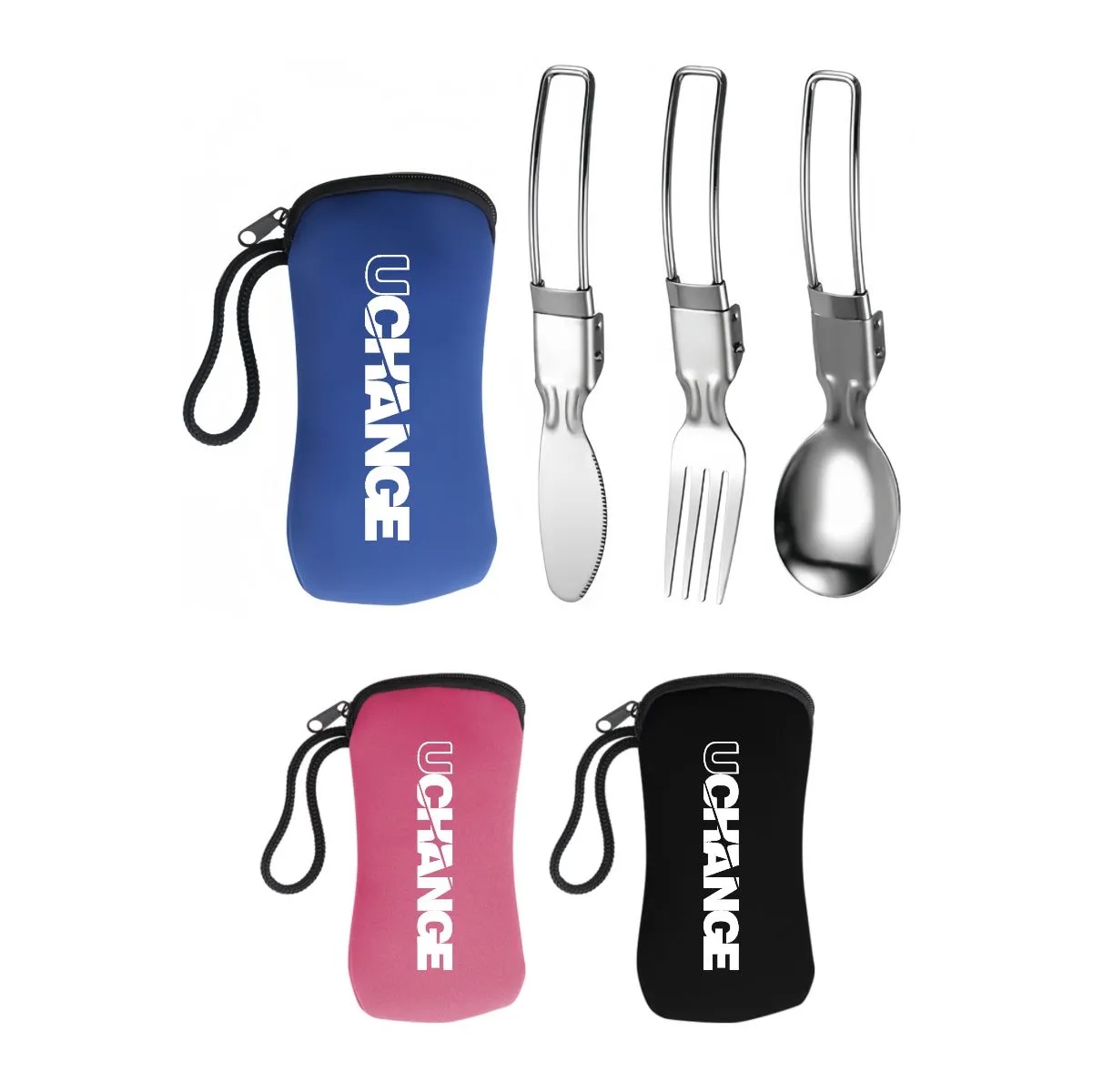 3-Piece Folding Camping Cutlery Utensil Set With Pouch 1