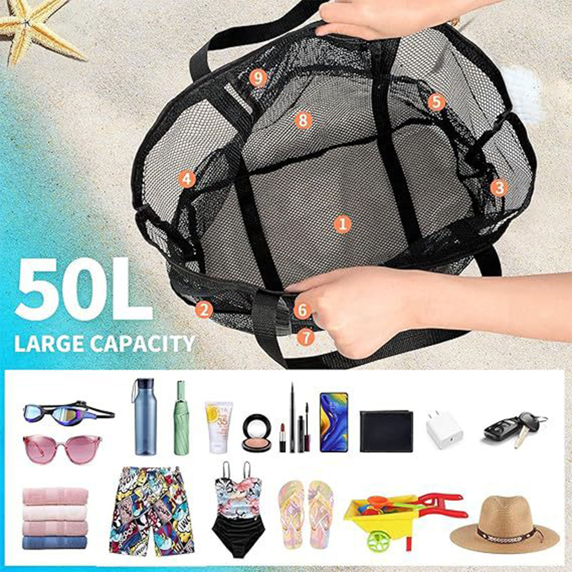 Large Mesh Beach Tote with Pockets 2