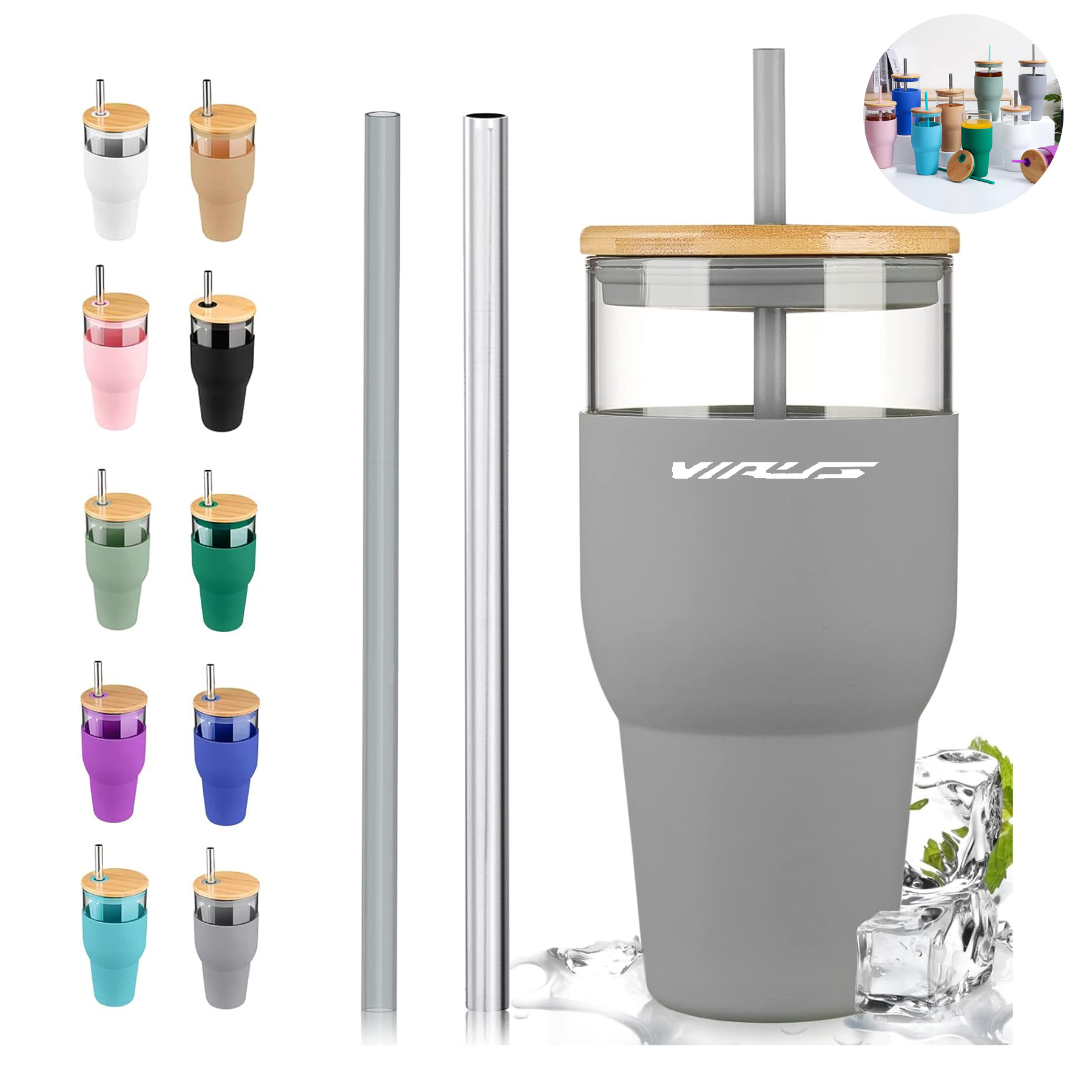 32oz Glass Tumbler With Straw And Lid 2