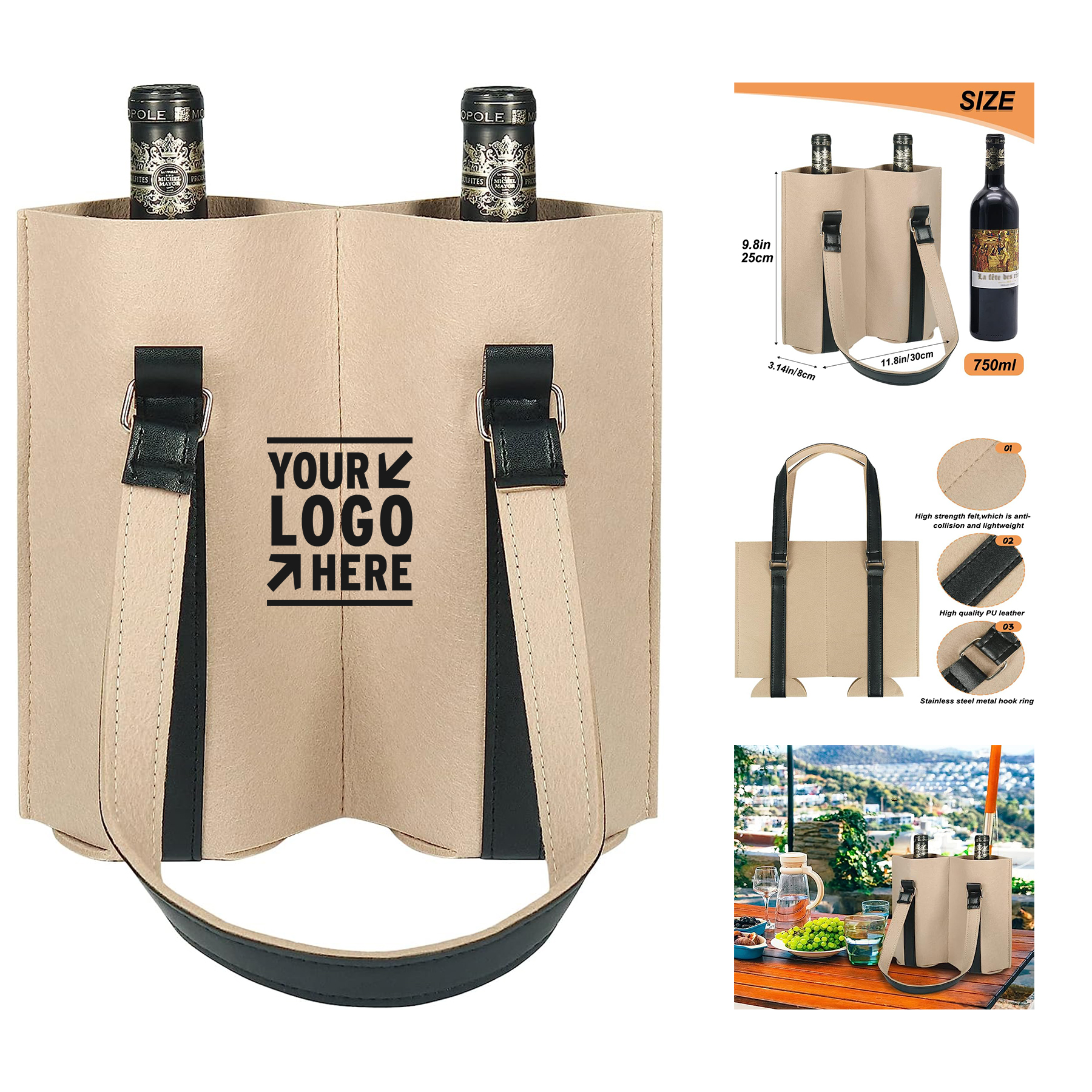 11.8 x3 .14 x 9.8 inch Felt Wine Carrier Tote Bag with Handle Wine Caddy