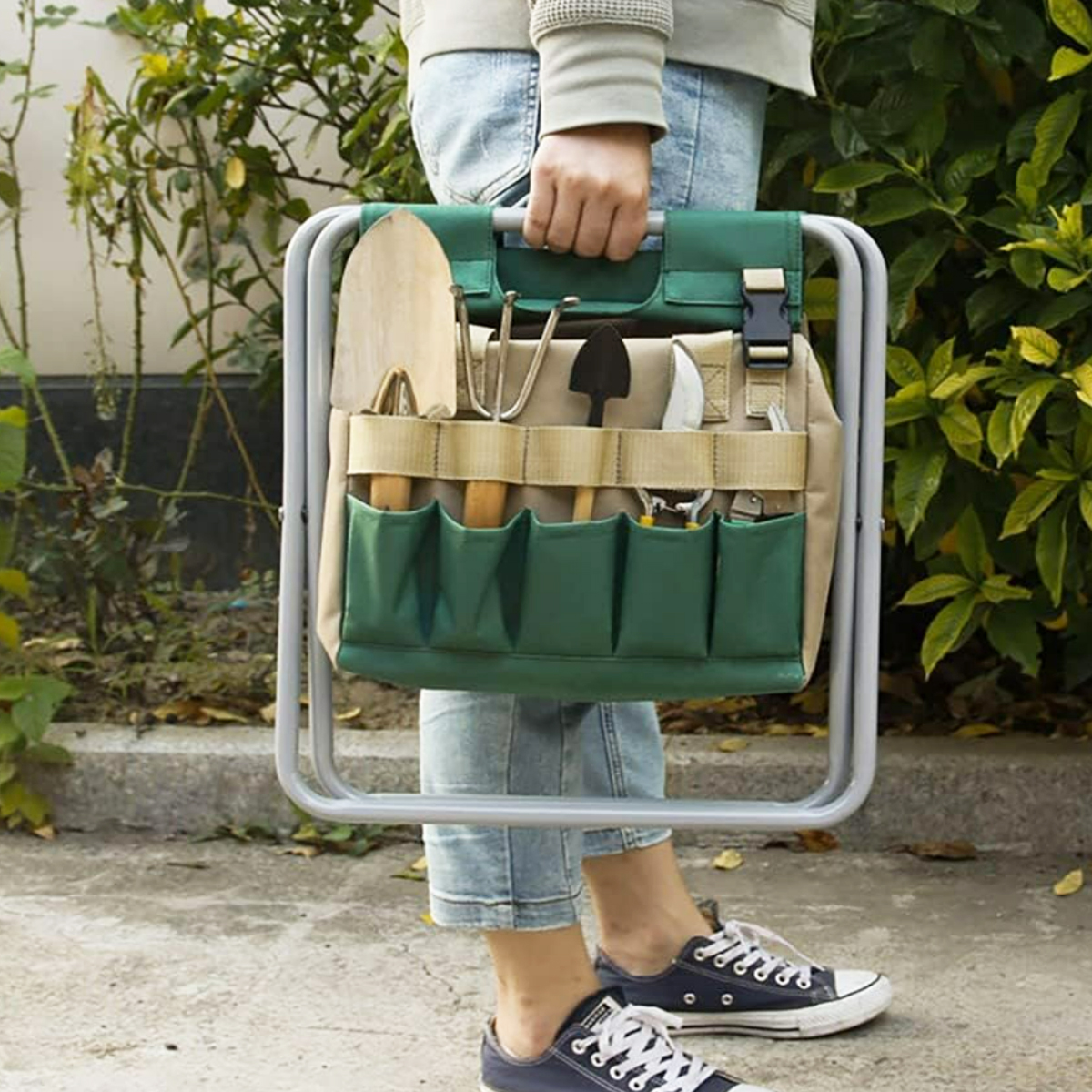 30L Folding Garden Stool with 5-Piece Tool Set & Bag 4