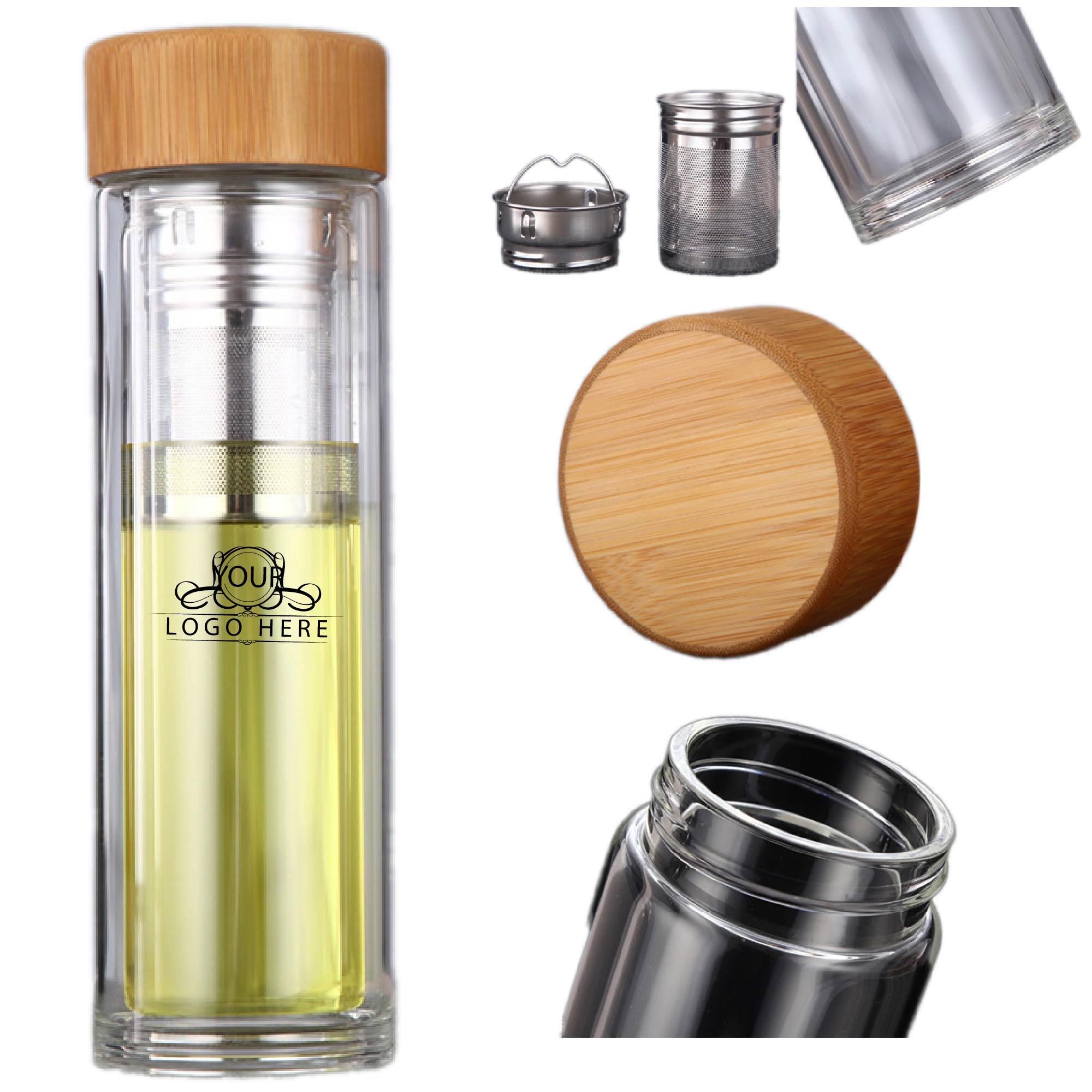 Bamboo lid Insulated Double Wall Glass with infuser 13.5oz 2