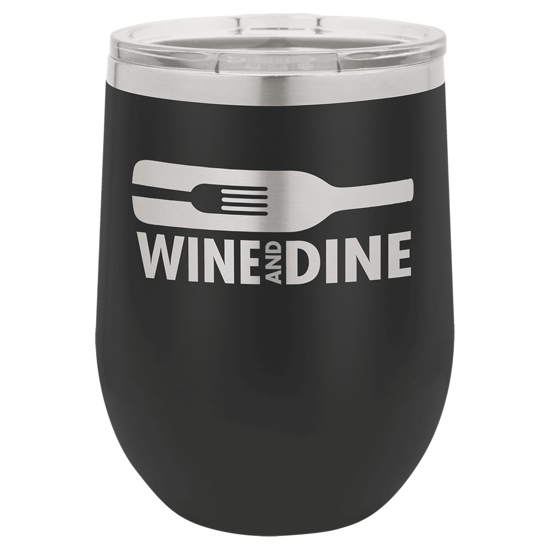 12 oz. Black Laser Engraved Polar Camel Stemless Wine Tumbler w/Clear Lid 1