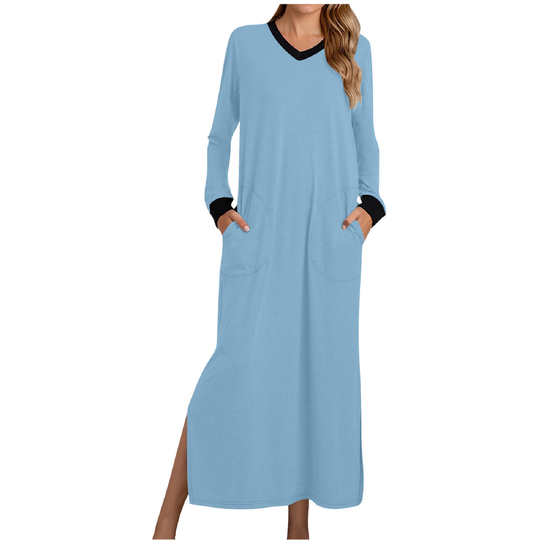 Womens Long Dress V Neck Nightshirts Side Slit 6