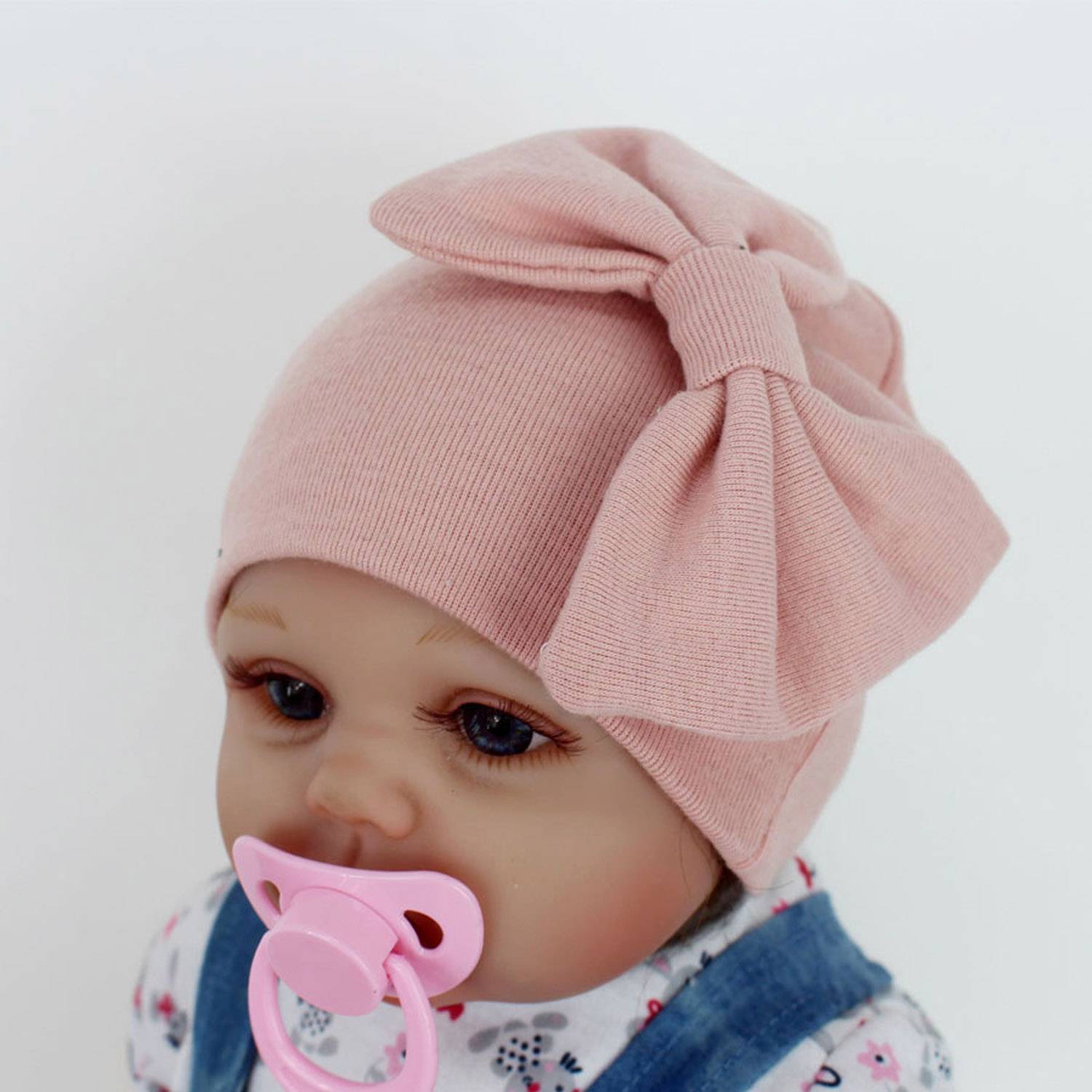 0-6 Months Solid Color Anti Scratch Gloves Bow Baby Hat 10