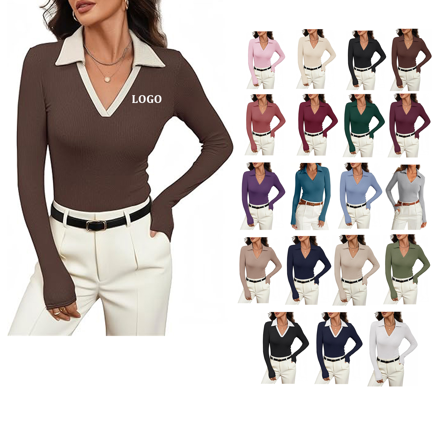 Women Long Sleeve V Neck Polo Shirt 13