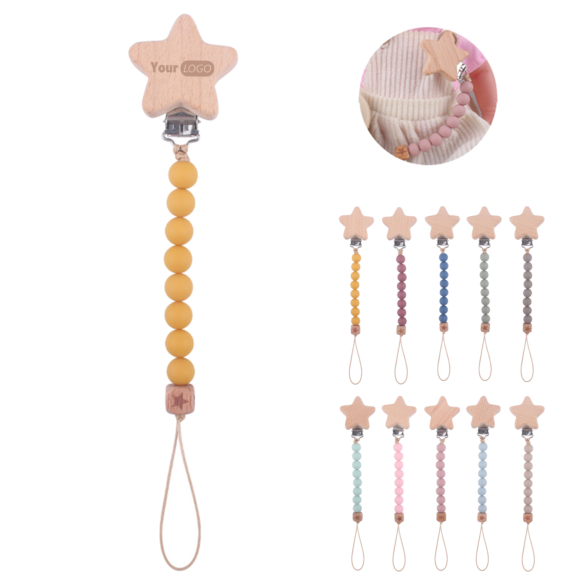 Beech Wood Star Silicone Bead Pacifier Clip 1