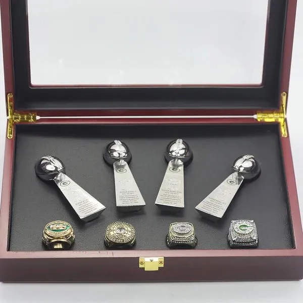 4 Green Bay Packers Championship Rings Set with 4 Trophies 2