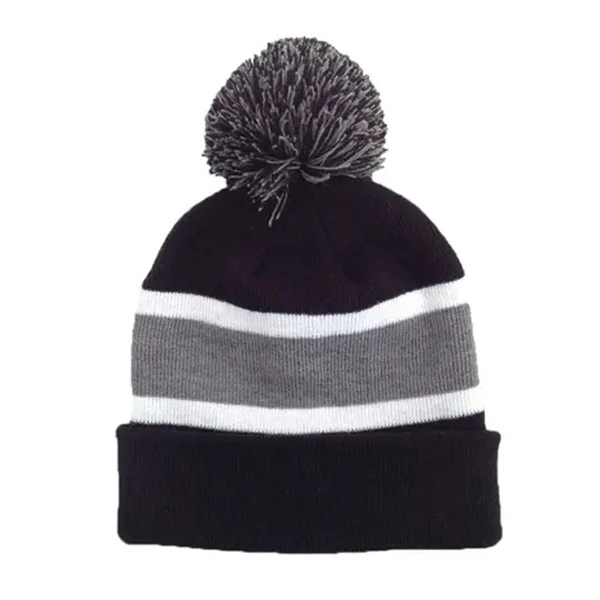 Three Tone Knit Beanie with Pom Ball 7