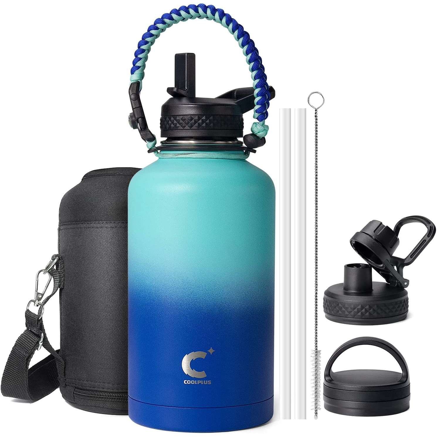 Water Bottle Insulated with Paracord Handle & 3 Lids, 64oz Water Jug Big Large Metal Stainless Steel 1