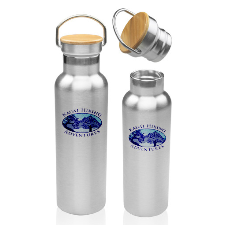 20 oz. Wood Top Stainless Steel Water Bottle - BPA Free, custom water bottle with logo imprint 2