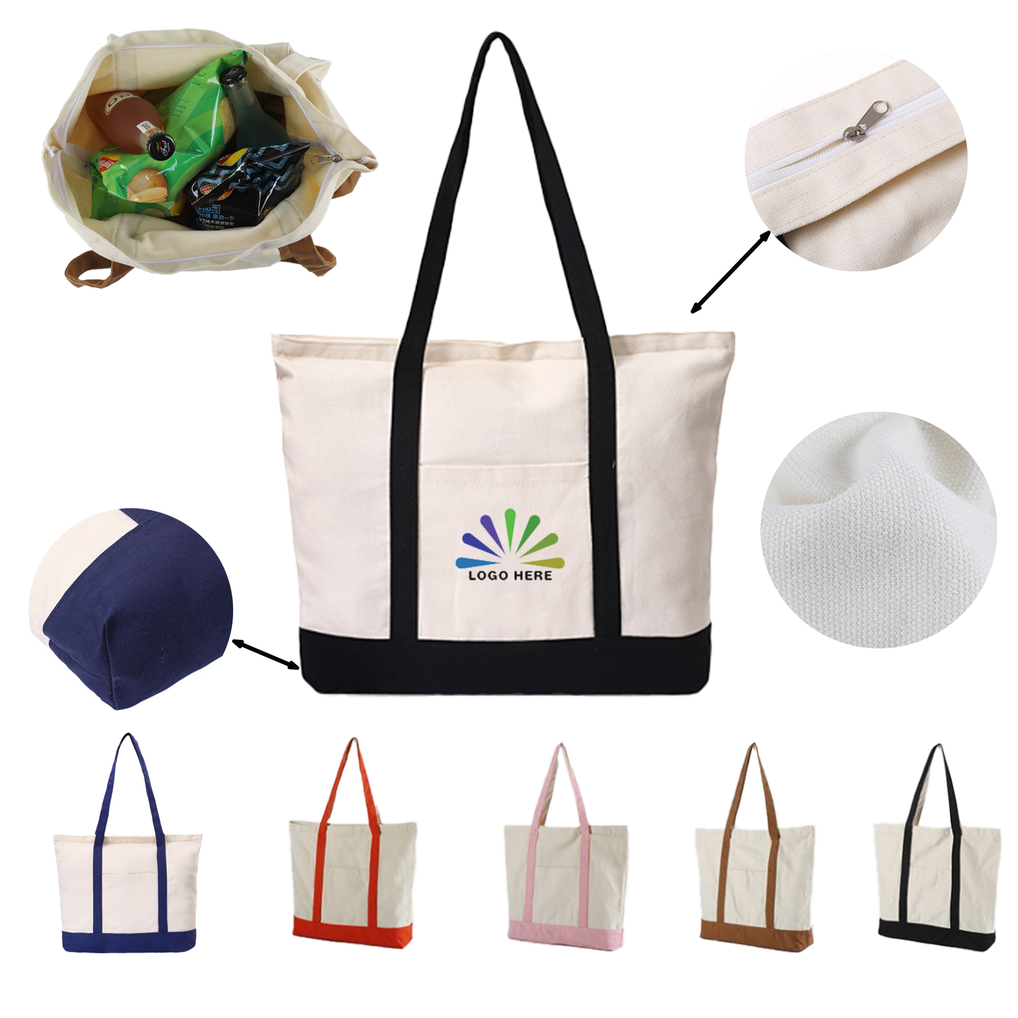 Eco-Friendly Zippered Canvas Shopping Bag with Side Pocket, custom tote bag with logo imprint 5