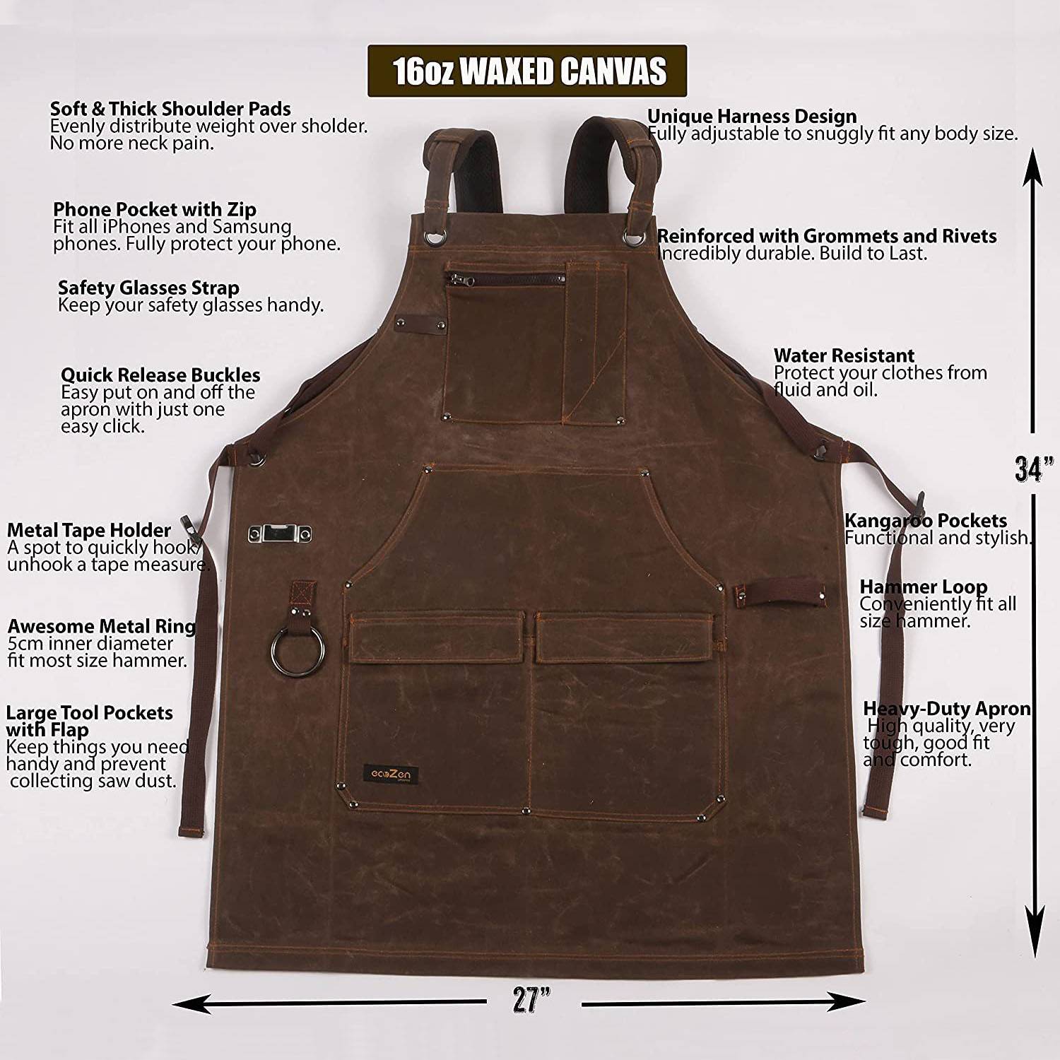 Long Adjustable Waxed Canvas Shop Apron w/ Pockets 4