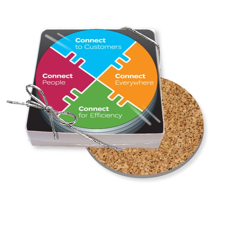 Gift Boxed Set of 4 Premium Round Coasters .060 Gloss Copolyester Top & 1/16" cork base Full Colour