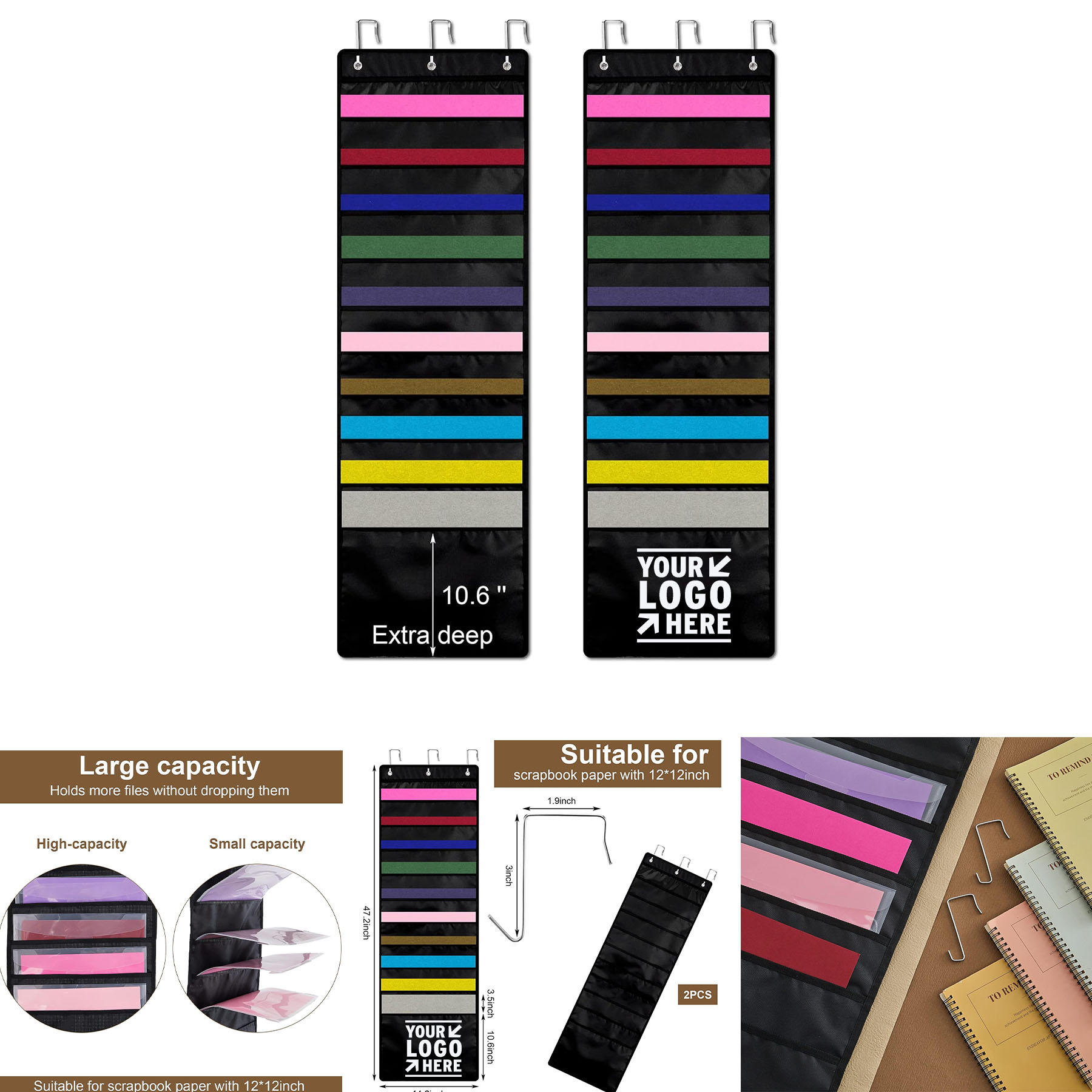 12 x 12 Inch Office Cardstock Paper Storage Scrapbook Hanging Wall File Organizer with Door Hangers 