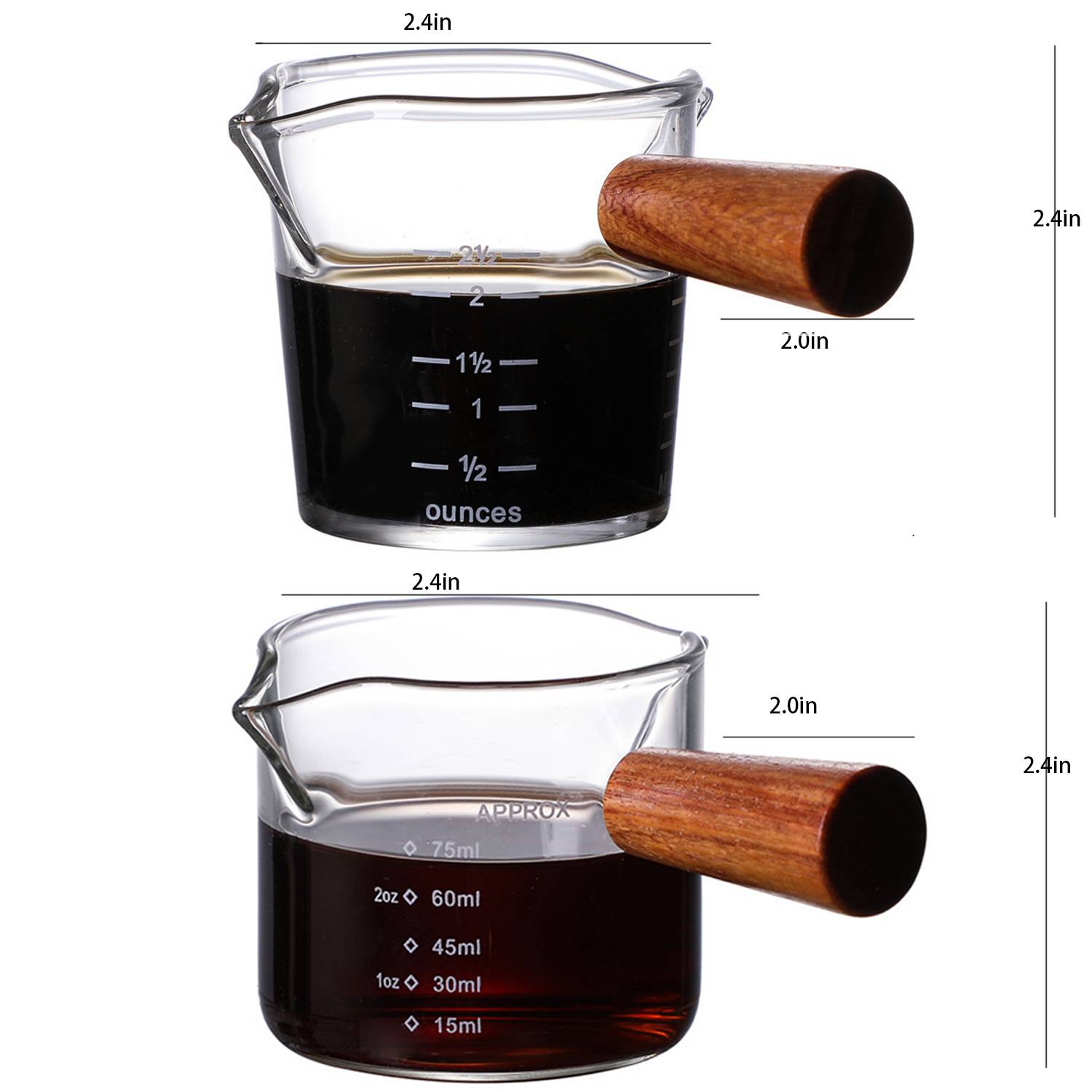 3 Oz Glass Double Spouts Measuring Cup with Wood Handle 4