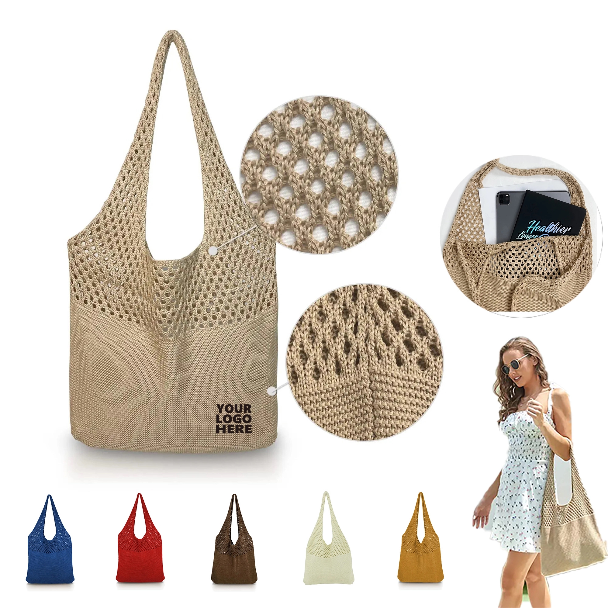 Portable Reusable Knitted Grocery Tote Bags, custom tote bag with logo imprint 2