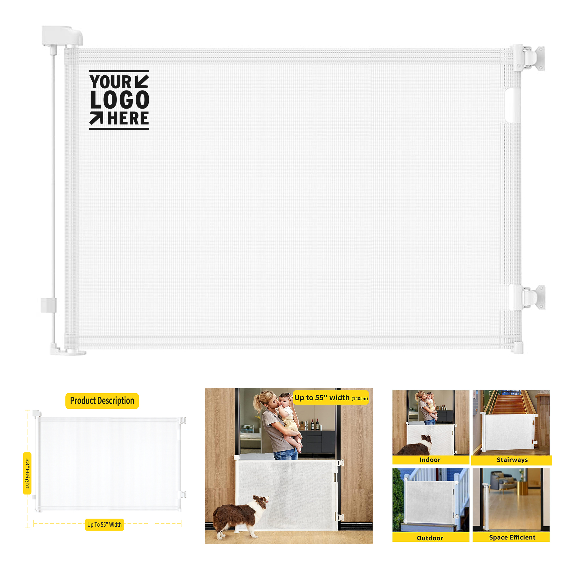 33"x55" Indoor Outdoor Retractable Child Baby Safety Mesh Dog Gate