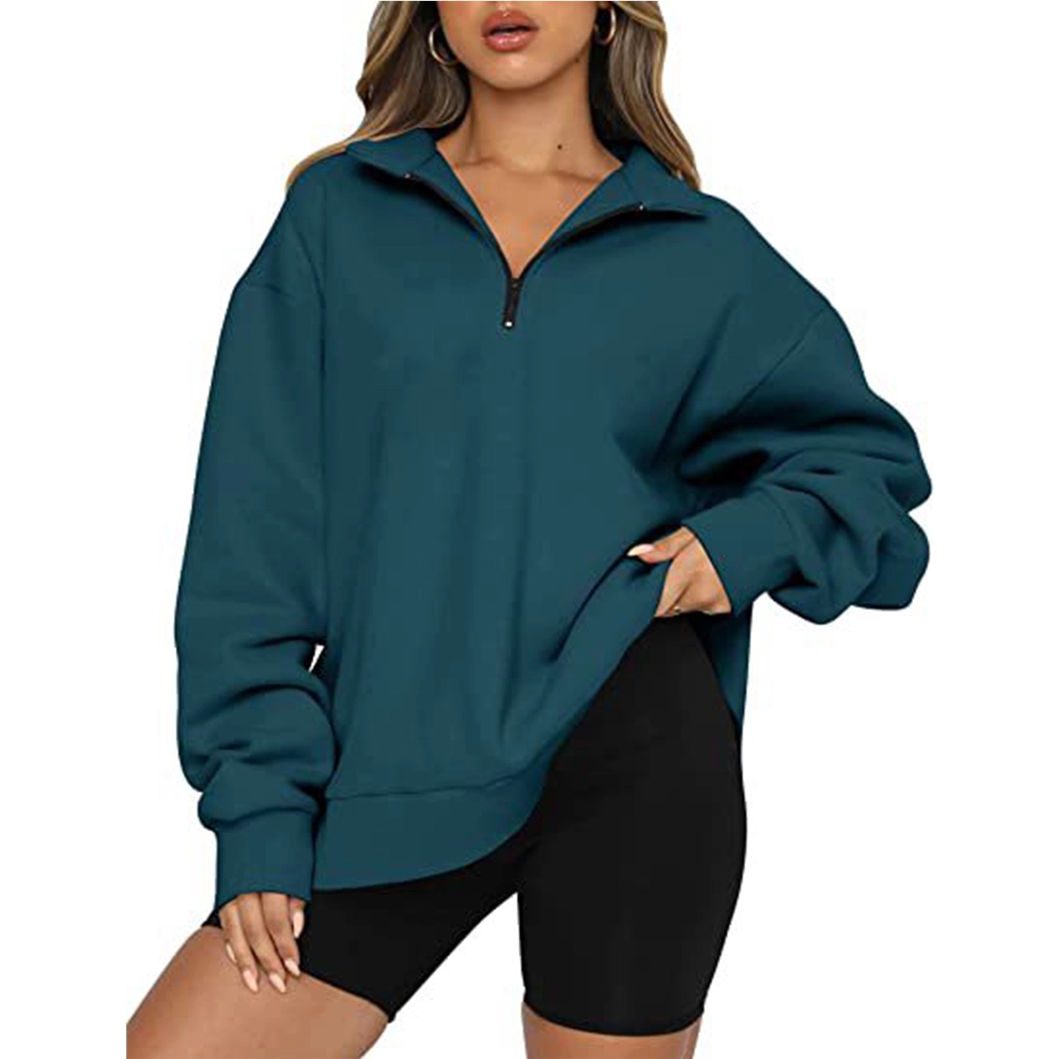 Womens Oversized Half Zip Pullover Long Sleeve Sweatshirt 6